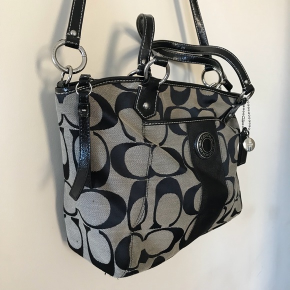 Coach Bags Grey Black Coach Signature Jacquard Fabric Purse Poshmark